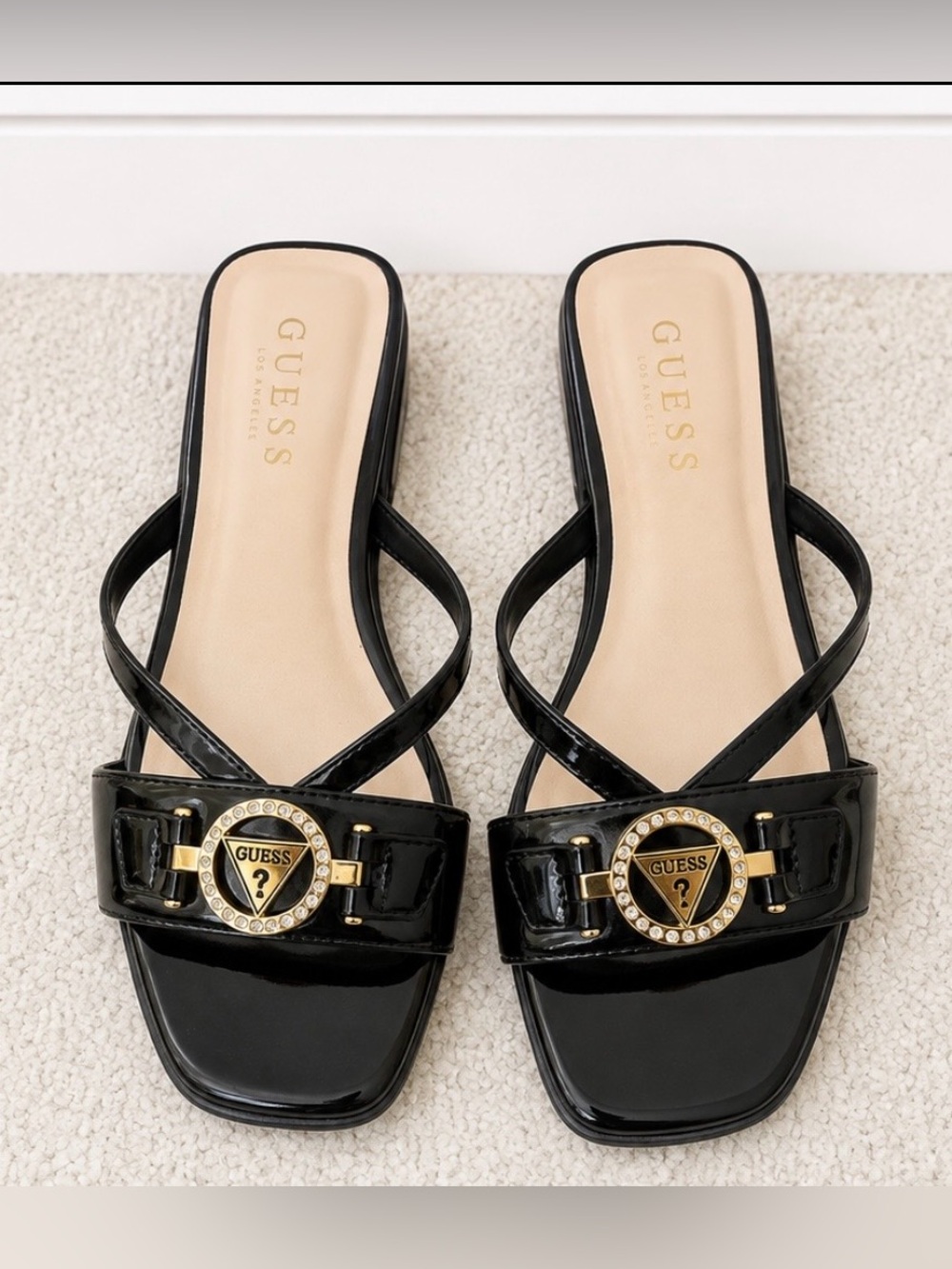 GUESS Black Patent Slide Sandals with Gold Logo Medallion